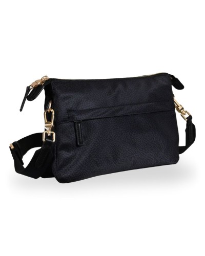 Borbonese Bolso Cross Over S. Mujer Dark Black en Tejido Reciclado y Piel Estampado OP con Bandolera Regulable