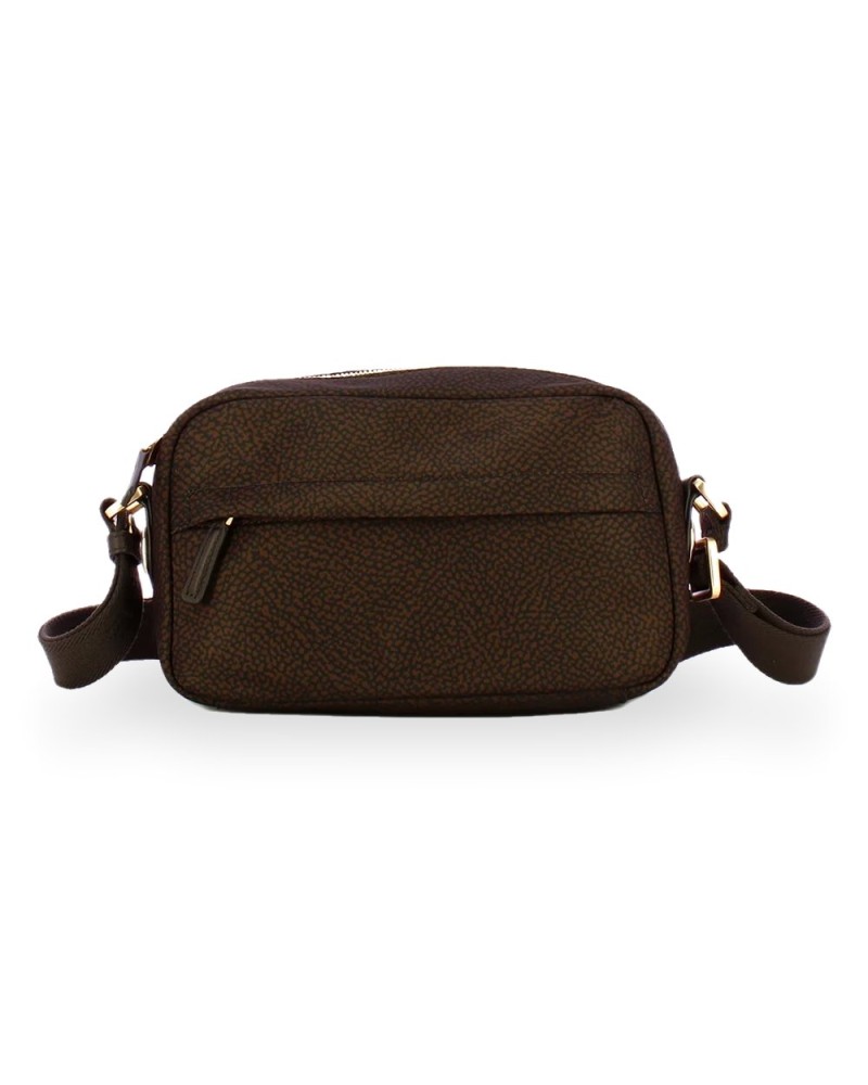 Borbonese Bolso Camera Case S. Mujer Cioccolato en Tejido Reciclado y Piel Estampado OP con Bandolera Regulable