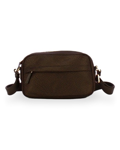 Borbonese Bolso Camera Case S. Mujer Cioccolato en Tejido Reciclado y Piel Estampado OP con Bandolera Regulable