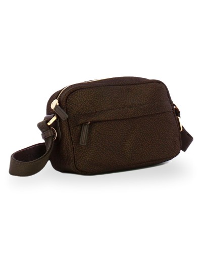 Borbonese Bolso Camera Case S. Mujer Cioccolato en Tejido Reciclado y Piel Estampado OP con Bandolera Regulable