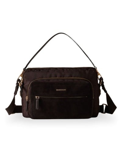 Borbonese Bolso Camera Case M. Mujer Cioccolato / Caffè en Tejido Reciclado y Serraje Estampado OP con Bandolera Regulable
