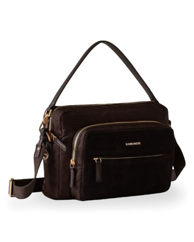Borbonese Bolso Camera Case M. Mujer Cioccolato / Caffè en Tejido Reciclado y Serraje Estampado OP con Bandolera Regulable