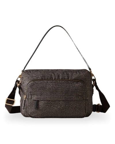 Borbonese Bolso Camera Case M. Mujer Catrame en Tejido Reciclado y Piel Estampado OP con Bandolera Regulable
