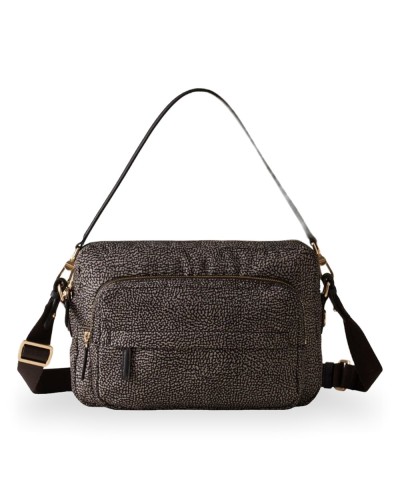 Borbonese Bolso Camera Case M. Mujer Catrame en Tejido Reciclado y Piel Estampado OP con Bandolera Regulable