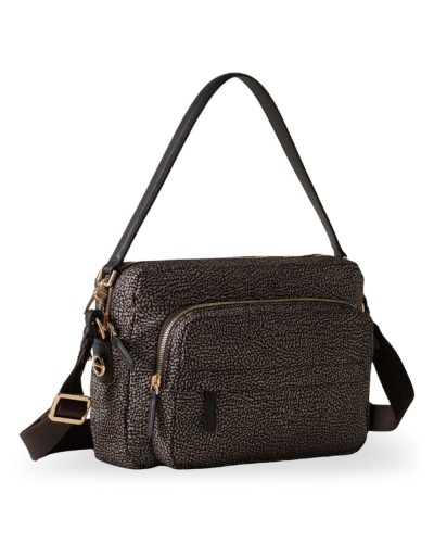 Borbonese Bolso Camera Case M. Mujer Catrame en Tejido Reciclado y Piel Estampado OP con Bandolera Regulable