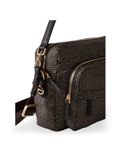 Borbonese Bolso Camera Case M. Mujer Catrame en Tejido Reciclado y Piel Estampado OP con Bandolera Regulable