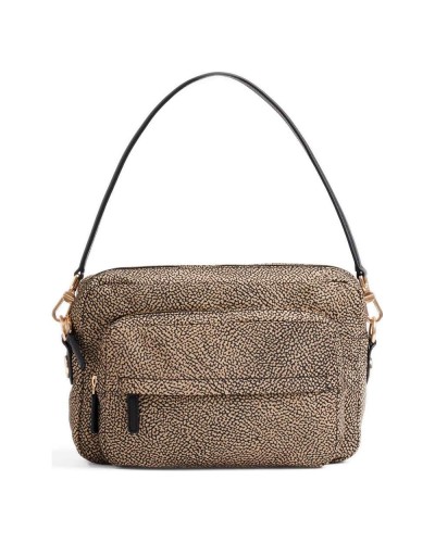 Borbonese Bolso Camera Case M. Mujer OP Naturale / Nero en Tejido Reciclado y Piel Estampado OP con Bandolera Regulable