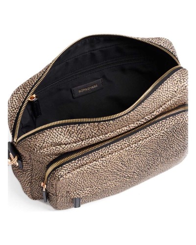 Borbonese Bolso Camera Case M. Mujer OP Naturale / Nero en Tejido Reciclado y Piel Estampado OP con Bandolera Regulable