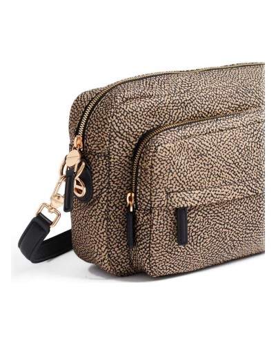 Borbonese Bolso Camera Case M. Mujer OP Naturale / Nero en Tejido Reciclado y Piel Estampado OP con Bandolera Regulable