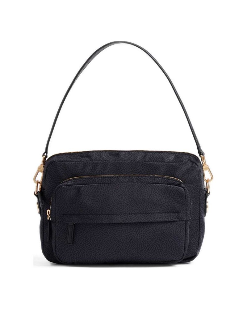 Borbonese Bolso Camera Case M. Mujer Dark Black en Tejido Reciclado y Piel Estampado OP con Bandolera Regulable