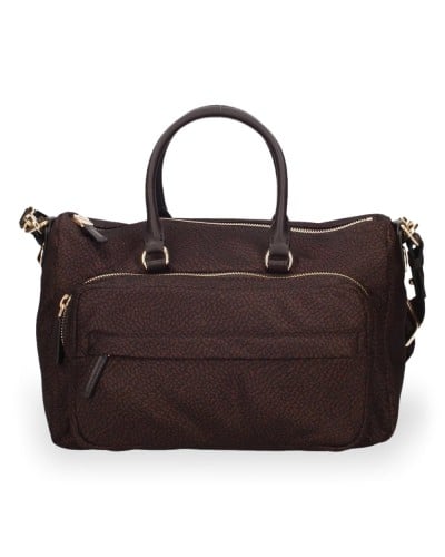 Borbonese Bolso Bauletto M. Mujer Cioccolato / Caffè en Tejido Reciclado y Serraje Estampado OP con Bandolera Extraíble