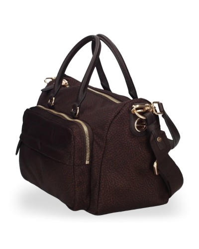 Borbonese Bolso Bauletto M. Mujer Cioccolato / Caffè en Tejido Reciclado y Serraje Estampado OP con Bandolera Extraíble