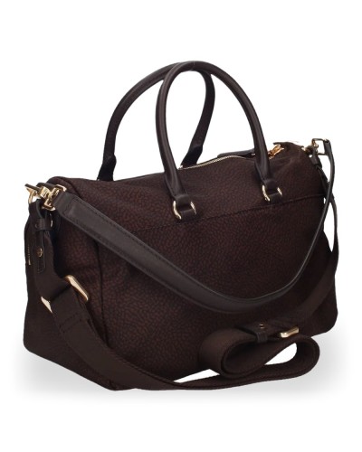 Borbonese Bolso Bauletto M. Mujer Cioccolato / Caffè en Tejido Reciclado y Serraje Estampado OP con Bandolera Extraíble