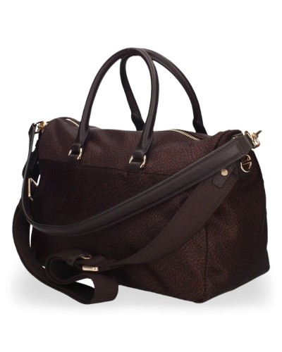Borbonese Bolso Bauletto M. Mujer Cioccolato / Caffè en Tejido Reciclado y Serraje Estampado OP con Bandolera Extraíble