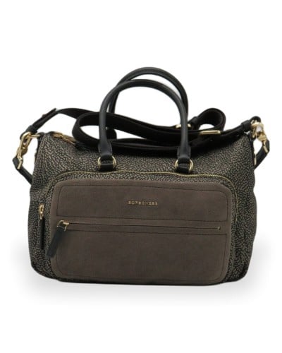 Borbonese Bolso Bauletto M. Mujer Catrame / Cenere en Tejido Reciclado y Serraje Estampado OP con Bandolera Extraíble