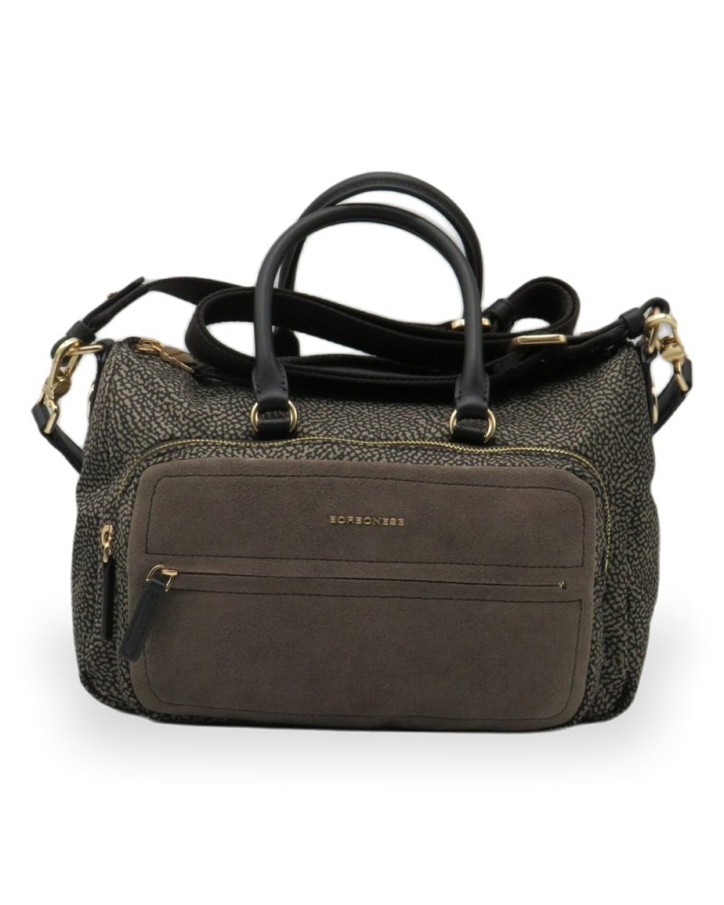 Borbonese Bolso Bauletto M. Mujer Catrame / Cenere en Tejido Reciclado y Serraje Estampado OP con Bandolera Extraíble