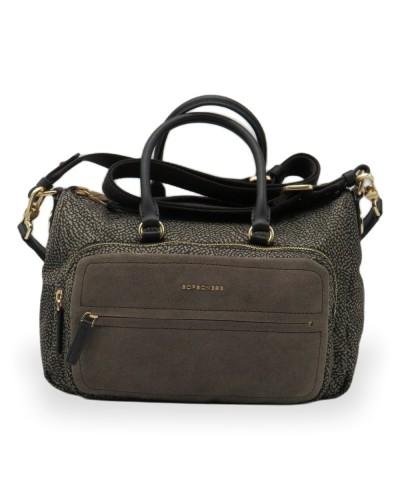 Borbonese Bolso Bauletto M. Mujer Catrame / Cenere en Tejido Reciclado y Serraje Estampado OP con Bandolera Extraíble