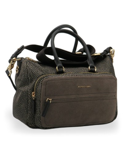Borbonese Bolso Bauletto M. Mujer Catrame / Cenere en Tejido Reciclado y Serraje Estampado OP con Bandolera Extraíble