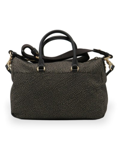 Borbonese Bolso Bauletto M. Mujer Catrame / Cenere en Tejido Reciclado y Serraje Estampado OP con Bandolera Extraíble