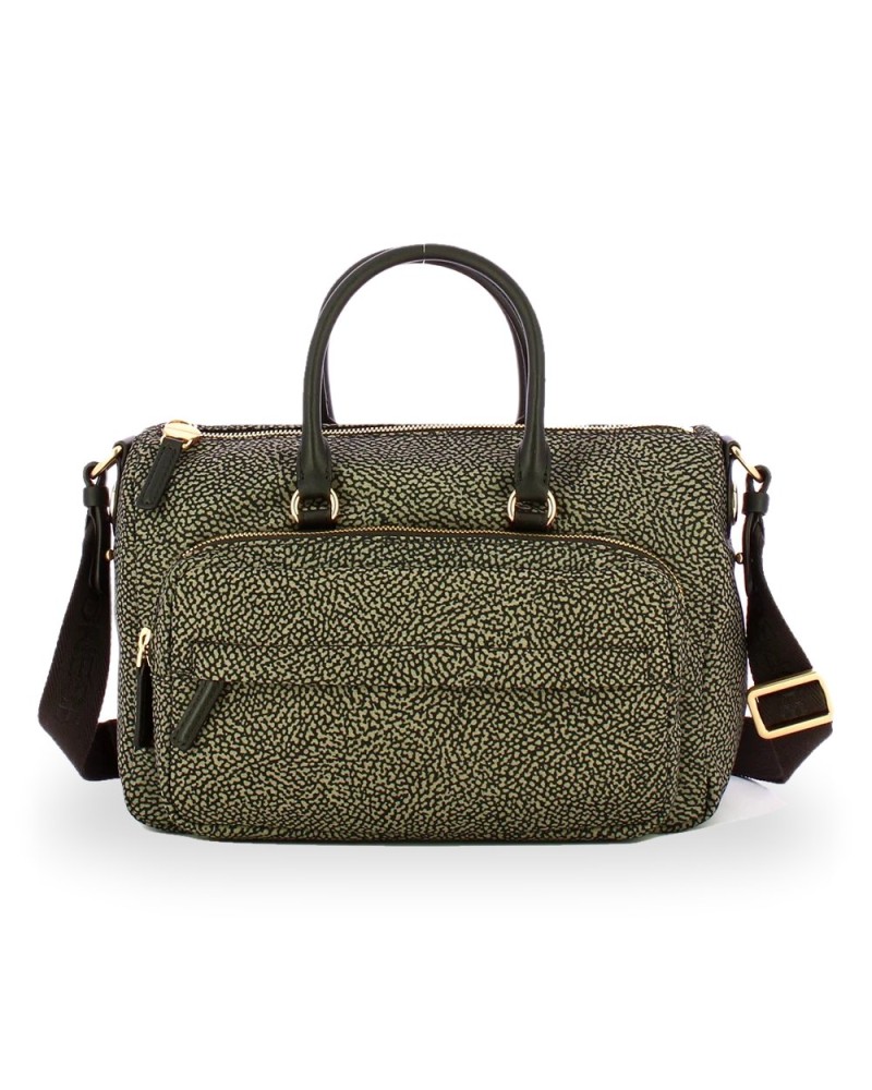 Borbonese Bolso Bauletto M. Mujer Catrame en Tejido Reciclado y Piel Estampado OP con Bandolera Extraíble