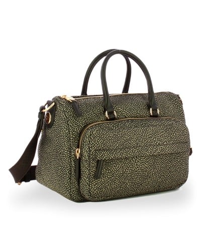 Borbonese Bolso Bauletto M. Mujer Catrame en Tejido Reciclado y Piel Estampado OP con Bandolera Extraíble