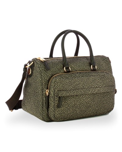 Borbonese Bolso Bauletto M. Mujer Catrame en Tejido Reciclado y Piel Estampado OP con Bandolera Extraíble