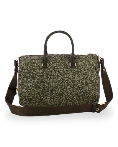 Borbonese Bolso Bauletto M. Mujer Catrame en Tejido Reciclado y Piel Estampado OP con Bandolera Extraíble