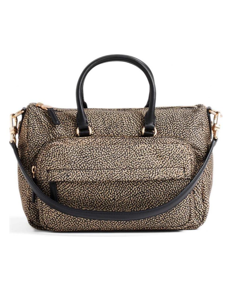 Borbonese Bowling Tasche M. Damen OP Naturale / Nero aus Recyceltem Gewebe und Kalbsleder OP-Print mit Abnehmbarem Riemen