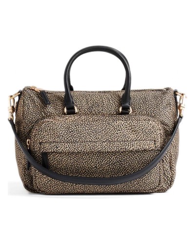 Borbonese Bowling Tasche M. Damen OP Naturale / Nero aus Recyceltem Gewebe und Kalbsleder OP-Print mit Abnehmbarem Riemen