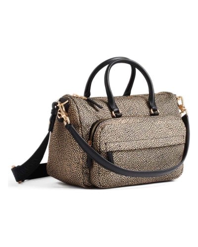 Borbonese Bowling Tasche M. Damen OP Naturale / Nero aus Recyceltem Gewebe und Kalbsleder OP-Print mit Abnehmbarem Riemen