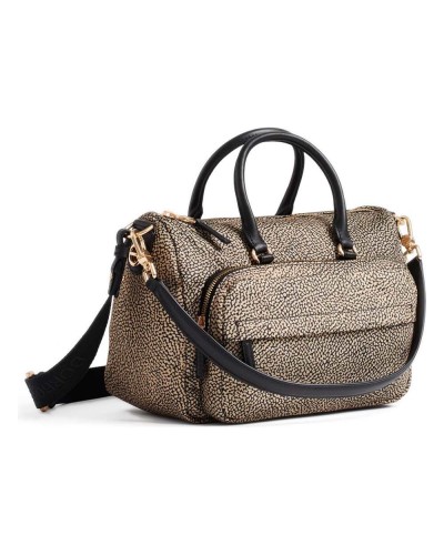Borbonese Bowling Tasche M. Damen OP Naturale / Nero aus Recyceltem Gewebe und Kalbsleder OP-Print mit Abnehmbarem Riemen