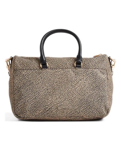 Borbonese Bowling Tasche M. Damen OP Naturale / Nero aus Recyceltem Gewebe und Kalbsleder OP-Print mit Abnehmbarem Riemen