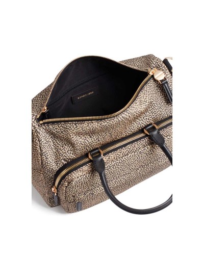 Borbonese Bowling Tasche M. Damen OP Naturale / Nero aus Recyceltem Gewebe und Kalbsleder OP-Print mit Abnehmbarem Riemen