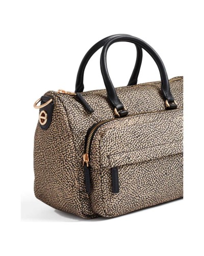 Borbonese Bowling Tasche M. Damen OP Naturale / Nero aus Recyceltem Gewebe und Kalbsleder OP-Print mit Abnehmbarem Riemen