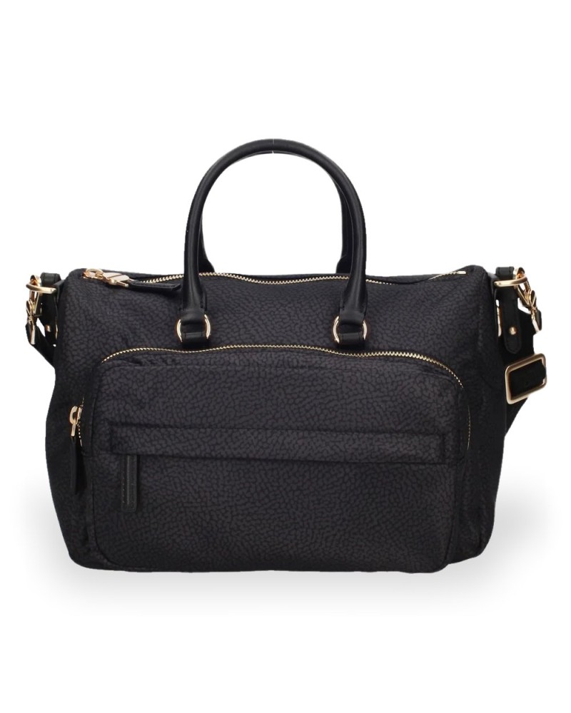 Borbonese Bowling Tasche M. Damen Dark Black aus Recyceltem Gewebe und Kalbsleder OP-Print mit Abnehmbarem Riemen