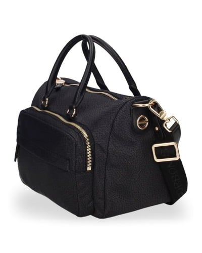 Borbonese Bowling Tasche M. Damen Dark Black aus Recyceltem Gewebe und Kalbsleder OP-Print mit Abnehmbarem Riemen