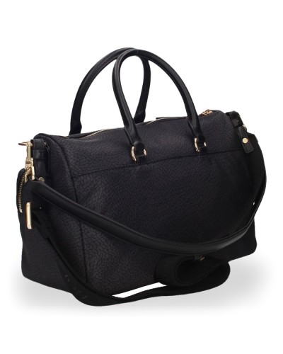 Borbonese Bowling Tasche M. Damen Dark Black aus Recyceltem Gewebe und Kalbsleder OP-Print mit Abnehmbarem Riemen
