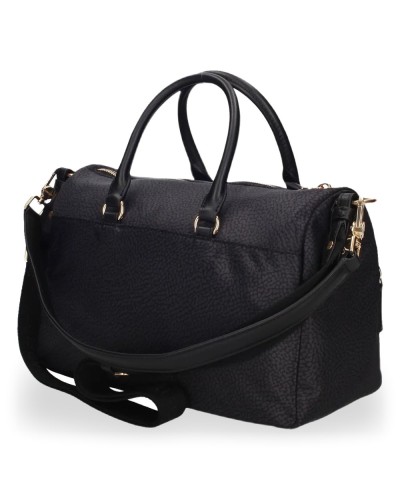 Borbonese Bowling Tasche M. Damen Dark Black aus Recyceltem Gewebe und Kalbsleder OP-Print mit Abnehmbarem Riemen