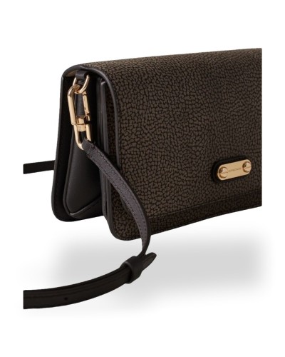 Borbonese Cross Over Tasche Mini Damen Carbone aus OP Soft Canvas und Kalbsleder OP-Print mit Verstellbarem Riemen