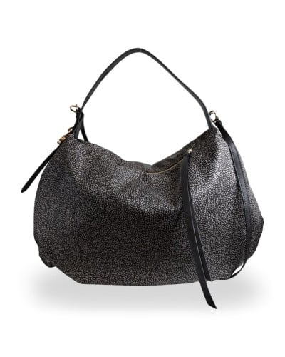 Borbonese Bolso Hobo M. Mujer Catrame en Tejido Reciclado y Piel Estampado OP con Bandolera