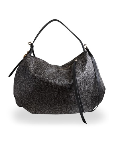 Borbonese Hobo M. Schultertasche Damen Catrame aus Recyceltem Gewebe und Kalbsleder OP-Print mit Riemen
