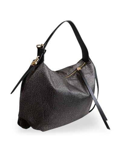 Borbonese Hobo M. Schultertasche Damen Catrame aus Recyceltem Gewebe und Kalbsleder OP-Print mit Riemen