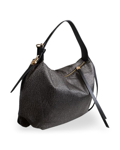 Borbonese Hobo M. Schultertasche Damen Catrame aus Recyceltem Gewebe und Kalbsleder OP-Print mit Riemen