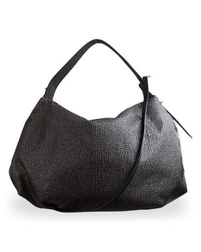 Borbonese Hobo M. Schultertasche Damen Catrame aus Recyceltem Gewebe und Kalbsleder OP-Print mit Riemen
