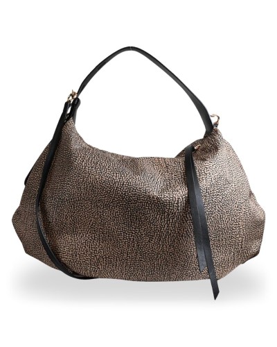 Borbonese Hobo M. Schultertasche Damen OP Naturale / Nero aus Recyceltem Gewebe und Kalbsleder OP-Print mit Riemen