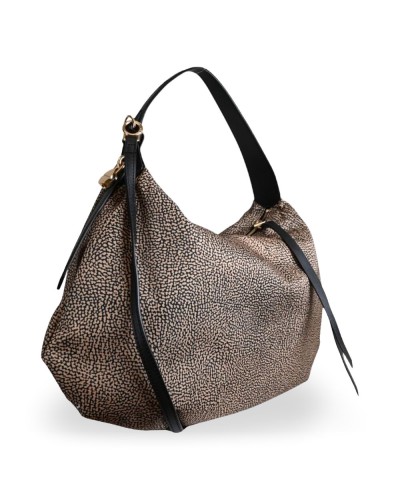 Borbonese Hobo M. Schultertasche Damen OP Naturale / Nero aus Recyceltem Gewebe und Kalbsleder OP-Print mit Riemen