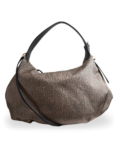 Borbonese Hobo M. Schultertasche Damen OP Naturale / Nero aus Recyceltem Gewebe und Kalbsleder OP-Print mit Riemen