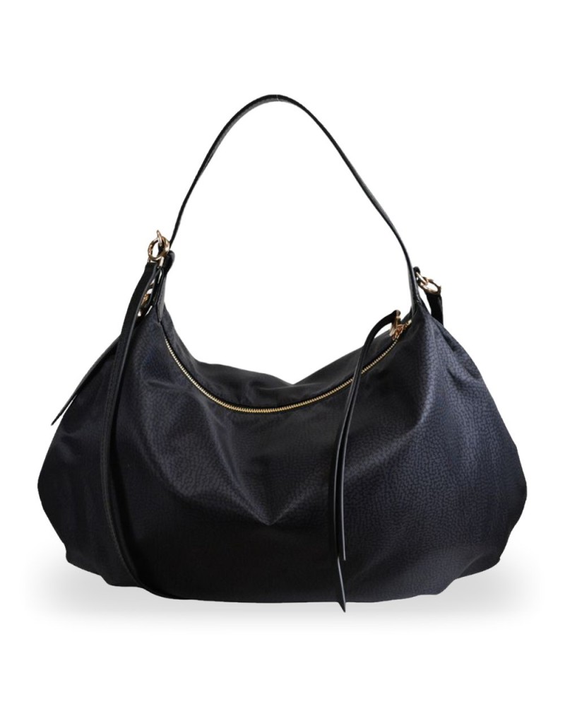 Borbonese Hobo M. Schultertasche Damen Dark Black aus Recyceltem Gewebe und Kalbsleder OP-Print mit Riemen