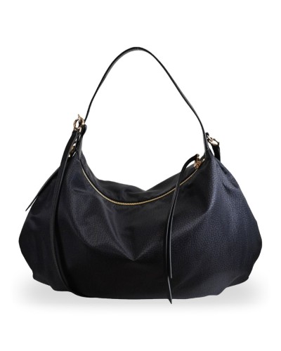 Borbonese Hobo M. Schultertasche Damen Dark Black aus Recyceltem Gewebe und Kalbsleder OP-Print mit Riemen