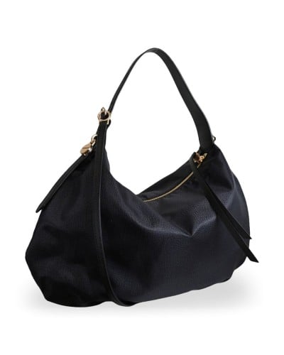 Borbonese Hobo M. Schultertasche Damen Dark Black aus Recyceltem Gewebe und Kalbsleder OP-Print mit Riemen